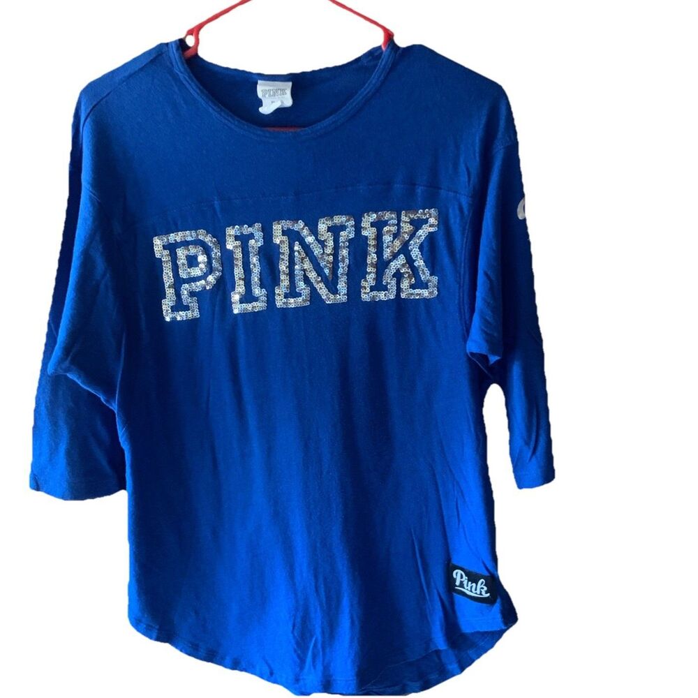 Victoria's Secret PINK Blue Silver Bling Sequin 3/4 Sleeve Jersey Shirt Y2K EUC